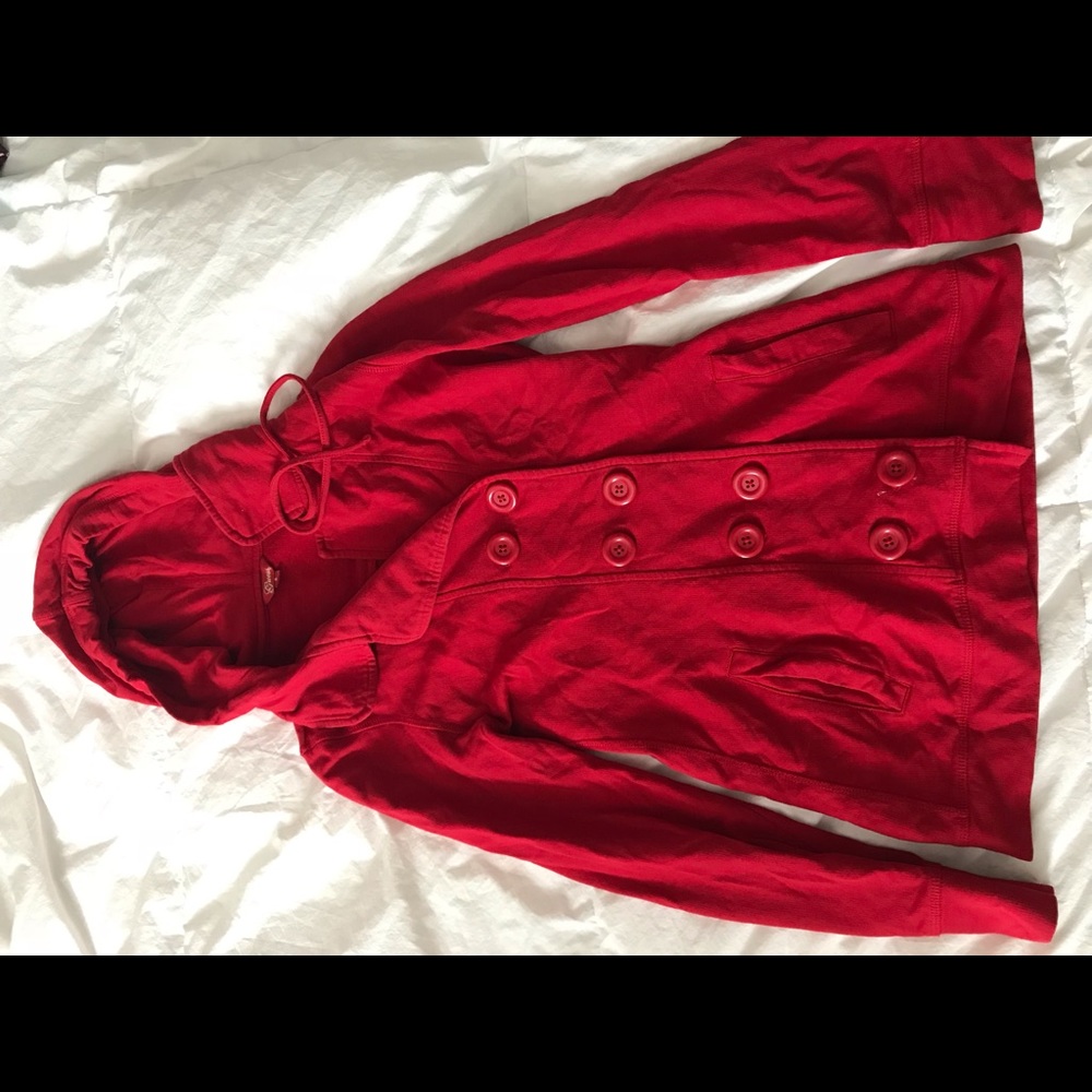 Cute red Guess sweater coat, size small